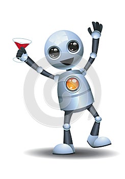 3d illustration of  little robot party holding beverage while dancing