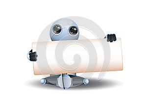 3d illustration of little robot sit on the floor holding blank board business communication
