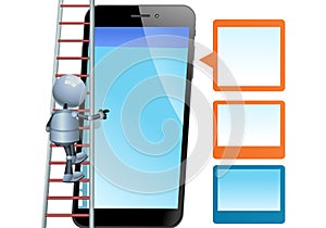 3d illustration of little robot on stair touching a giant smartphone