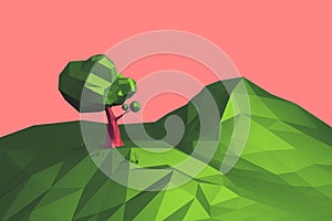3d illustration low poly landscape tree and mountain.