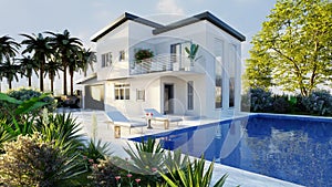 3D illustration of luxury double story villa with swimming pool