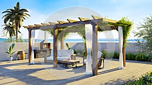 3D illustration of luxury terrace with sea view and wooden pergola