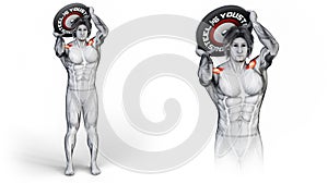 3d illustration of a male character exercising Overhead Front Raise Plate moving behind head