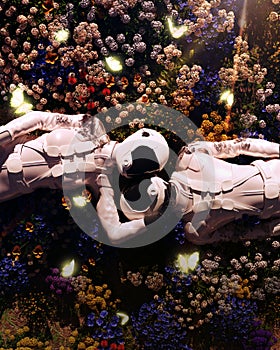 3D illustration of male and female astronaut couple lying in a beautiful flower garden. romance astronaut