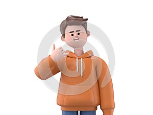 3D illustration of male guy Qadir doing phone gesture with hand and fingers like talking on the telephone.