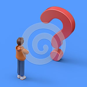 3D illustration of male guy Qadir faces a big red question mark, solution to a problem or task.3D rendering