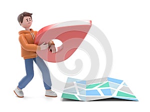 3D illustration of male guy Qadir holding pin icon, red location icon with map.3D rendering on white background.