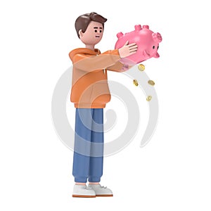 3D illustration of male guy Qadir with piggy bank. Financial crisis concept, 3D illustration in cartoon style design.