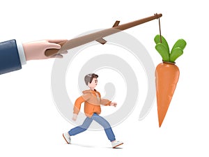 3D illustration of male guy Qadir running for bait,Big hand holds carrots on stick.Incentive concept.