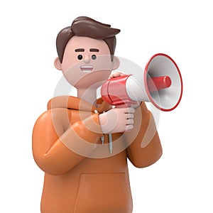 3D illustration of male guy Qadir talking into megaphone, 3D rendering on white background.