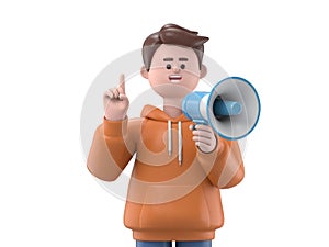 3D illustration of male guy Qadir talking in megaphone and pointing up, announcing discount promo, 3D rendering