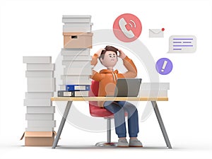 3D illustration of male guy Qadir.Tired and exasperated office worker is grabbed his head among piles of papers and documents