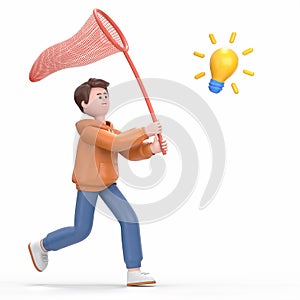 3D illustration of male guy Qadir is trying to catch a flying light bulb with a scoop-net. Search for ideas.