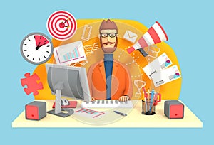 3d illustration. Male marketer. A stylish guy surrounded by symbols and marketing items