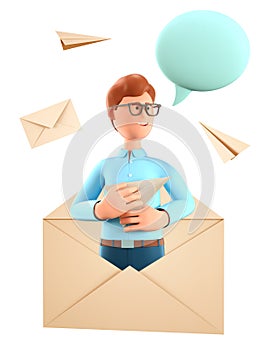 3D illustration of man with blank speech bubble in a huge postal envelope. Flying paper airplanes and mail letter. Email service