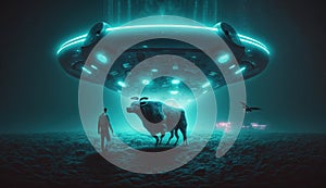 3D Illustration of Man and cow floating to inside of ufo alien ship. Concept of alien abduction 3d render, Generative Ai