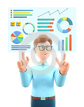 3D illustration of man creating a dashboard and interacting with graphs. Businessman with charts, infographics and data analysis.