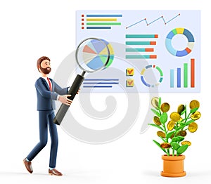 3D illustration of man with huge magnifying glass researching a business dashboard with graphs and infographics.