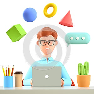 3D illustration of man with laptop working at the desk. Cartoon businessman chatting on the computer with flying geometric figures