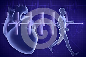 3d illustration of man running on background of Cardiogram.