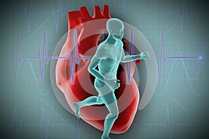 3d illustration of man running on background of Cardiogram.