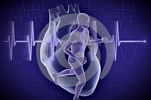 3d illustration of man running on background of Cardiogram.