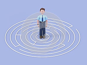 3D illustration of man standing in the center of a maze.artwork concept depicts challenge, finding the way out, escape,