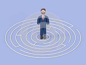 3D illustration of man standing in the center of a maze.artwork concept depicts challenge, finding the way out, escape,