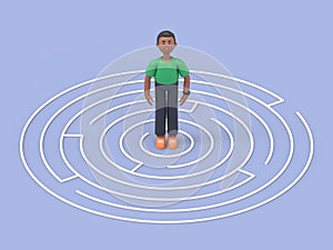 3D illustration of man standing in the center of a maze.artwork concept depicts challenge, finding the way out, escape,