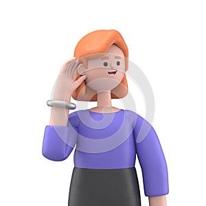 3D illustration of man try to hear you overhear listening intently looking camera.3D rendering on white background.