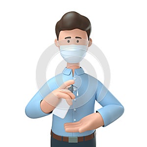 3D illustration of man wearing medical mask and cleaning hands with sanitizer antiseptic gel for protection from coronavirus