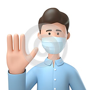 3D illustration of man wearing medical mask and showing stop hand gesture for protection from coronavirus infection.