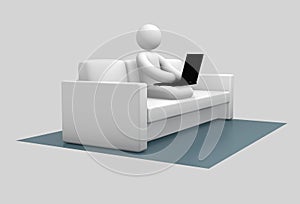 3d illustration of a man working on a laptop at home on the couch. Telework