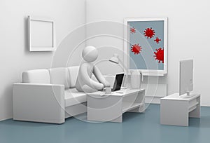 3d illustration. A man works at home on the couch. Outside the window, viruses fly. Telework