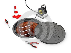 3d Illustration of Manhole cover open with tools