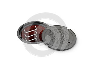 3d Illustration of Manhole cover open on white background