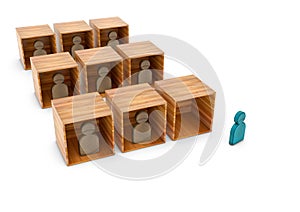 3D illustration of many people following rules and one person being breaking out of habit