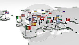 3D illustration map of Europe with EU flags