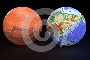 3D Illustration: Mars and Earth - Black Background - Space