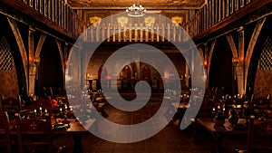 3D illustration of medieval great hall dining room with tables set for a royal feast