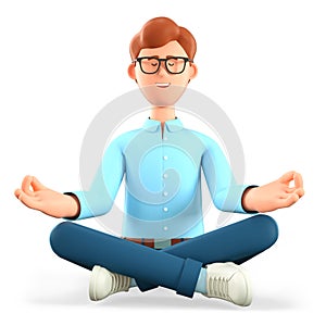 3D illustration of meditating man sitting on the floor in yoga lotus position. Cute cartoon relaxing smiling businessman