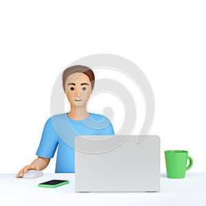 3d illustration men sitting at the workplace. Human working on a laptop. Employee, businessman, freelancer, worker, student at tab