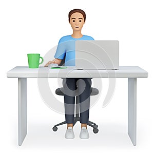 3d illustration men sitting at the workplace. Human working on a laptop. Employee, businessman, freelancer, worker, student at tab