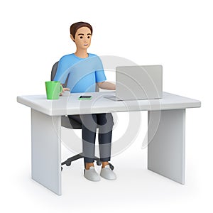 3d illustration men sitting at the workplace. Human working on a laptop. Employee, businessman, freelancer, worker, student at tab