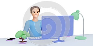 3d illustration.men in the workplace..Employee, worker, student at the computer.