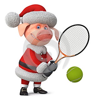 3d illustration merry Christmas pig play tennis