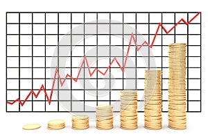 3d illustration: Metal copper-gold coins graph chart stock market with red line - arrow on a white background isolated. Profit in