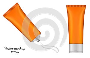 3d illustration of metallic orange tube. Ointment. Salve. Glue tube. Cream smear. Vector mockup. Sunscreen