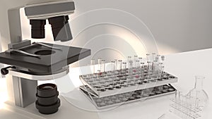 3D illustration microscope in laboratory development research Clean modern white laboratory Horizontal template for a poster labor