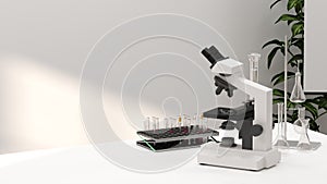 3D illustration microscope in laboratory development research Clean modern whitewith lab glassware Horizontal template for a poste